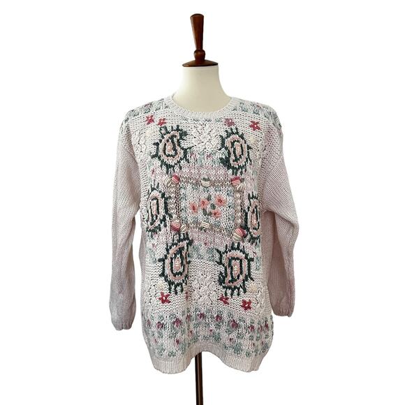 Vintage Shenanigans Hand Knit Floral Sweater M Medium - Picture 1 of 7